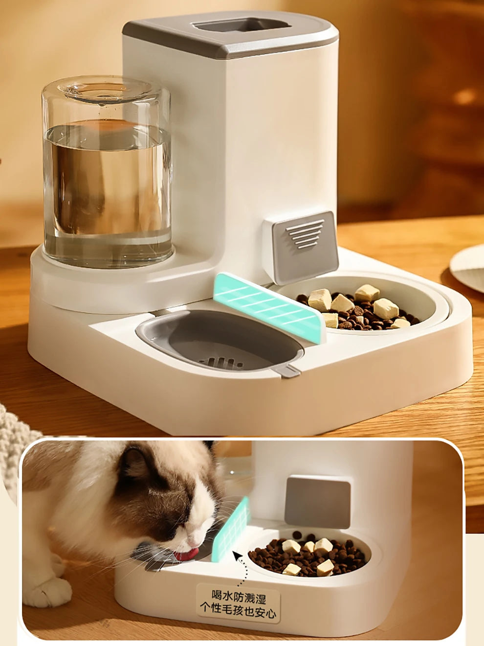 Cat Feeding Supplies 2 In 1 Drinking Fountain Water Dispenser & Food Bowl Home Cat Pet Auto Feeder, Spill-Proof Large Capacity