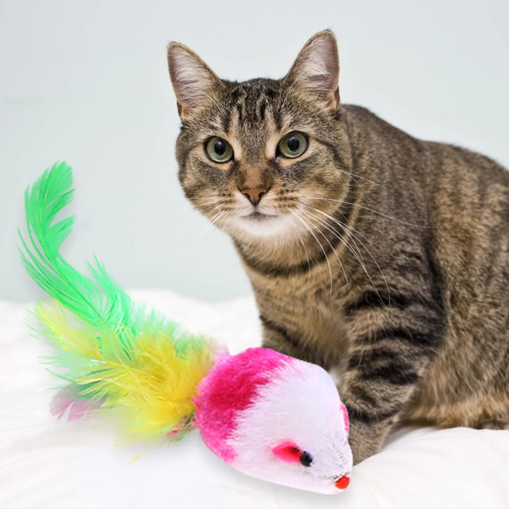 Pet Cats Mouse Toy Eco-friendly Rat Interactive Toys Non-toxic Lightweight Soft with Colored Feathers Training Game Cat Supplies