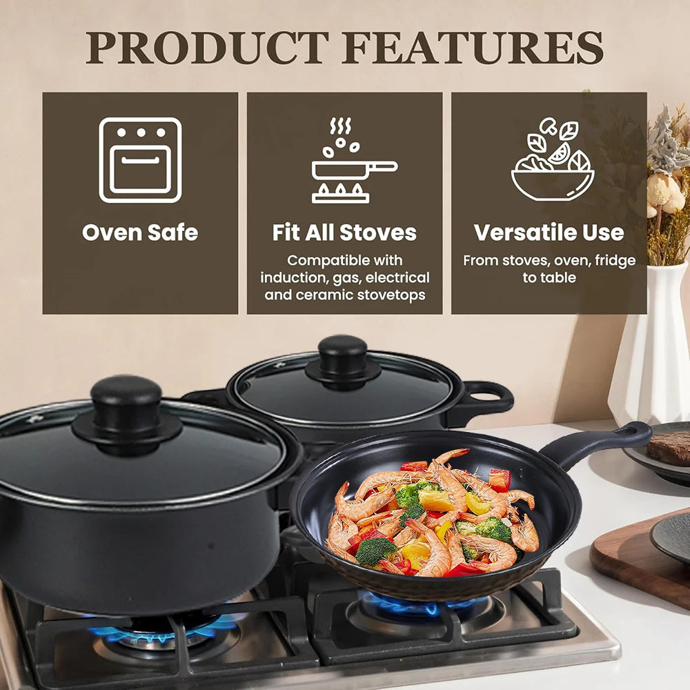 16-Piece Non-Stick Cookware Set Milk Pot Maifan Stone Frying Pan with Lid Stackable Pot Set for All Types of Cooker Xmas Gift