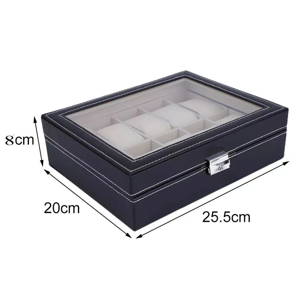 10 Grids Watch Box Luxury PU Leather Display Case Organizer Top Glass Jewelry Collection Storage Holder Box Black
