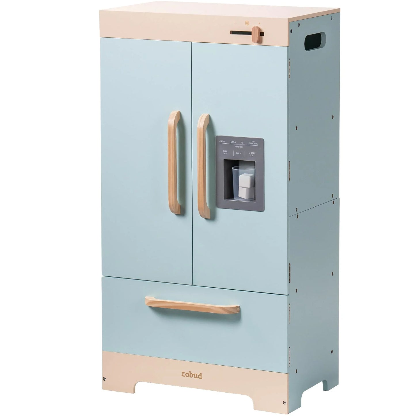 Robotime Robud Play Kitchen Fridge Refrigerator with Ice Dispenser Wooden Kids Play Kitchen Playset Toy for Ages 3+Blue