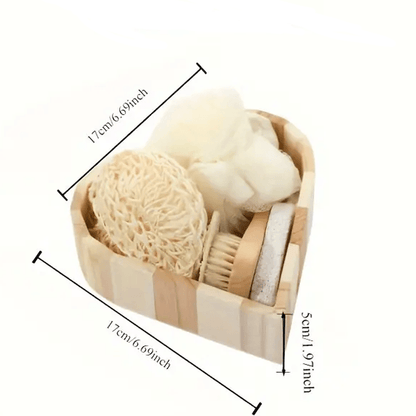 5pcs Heart-Shaped Bath Tool Set Bamboo Includes Sisal Brush, Loofah Slices, Face Scrubber, Exfoliating Gloves & Pumice Stone —Spa Gift Basket、 Mystery Santa Bath Set New Year Gift