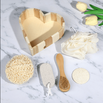 5pcs Heart-Shaped Bath Tool Set Bamboo Includes Sisal Brush, Loofah Slices, Face Scrubber, Exfoliating Gloves & Pumice Stone —Spa Gift Basket、 Mystery Santa Bath Set New Year Gift