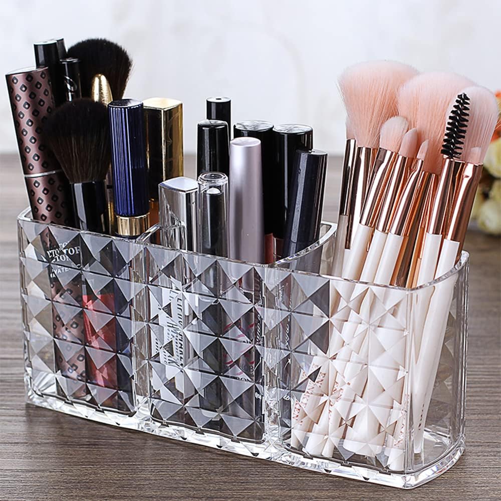 Cosmetic Organiser, 3 Compartments Crystal Makeup Brush Holder for Eyeliners, Lipstick, Mascara, Acrylic Makeup Storage for Bath