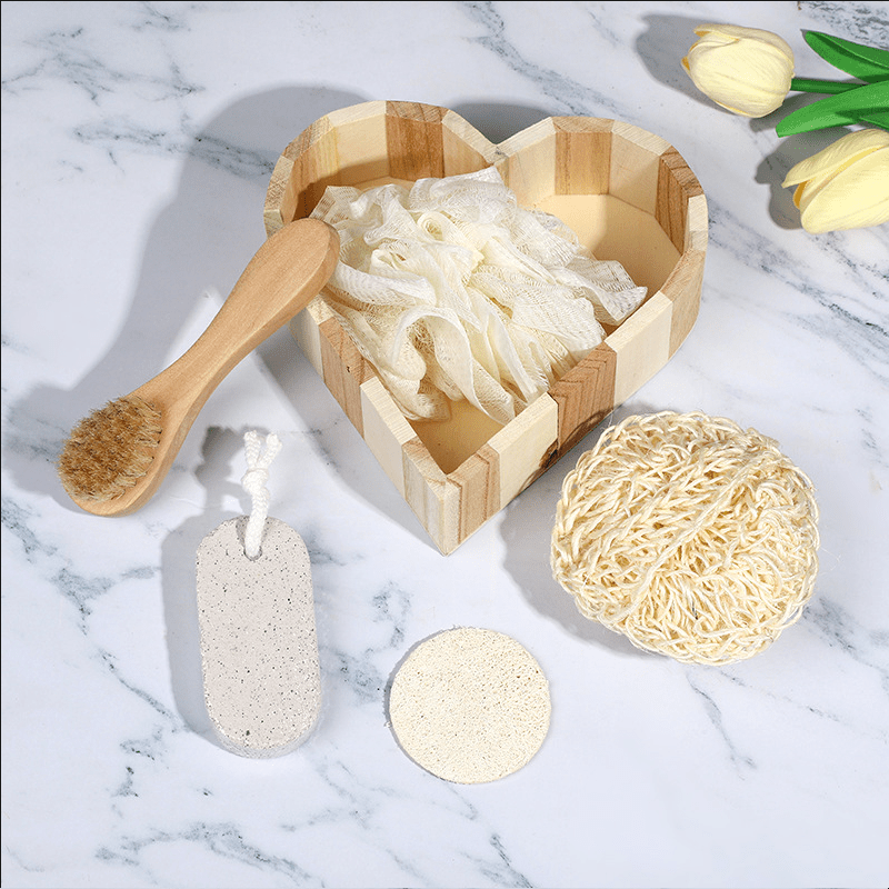 5pcs Heart-Shaped Bath Tool Set Bamboo Includes Sisal Brush, Loofah Slices, Face Scrubber, Exfoliating Gloves & Pumice Stone —Spa Gift Basket、 Mystery Santa Bath Set New Year Gift