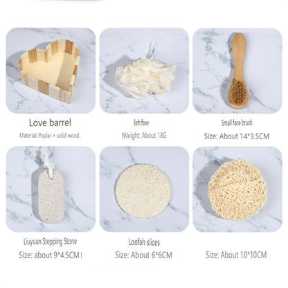 5pcs Heart-Shaped Bath Tool Set Bamboo Includes Sisal Brush, Loofah Slices, Face Scrubber, Exfoliating Gloves & Pumice Stone —Spa Gift Basket、 Mystery Santa Bath Set New Year Gift