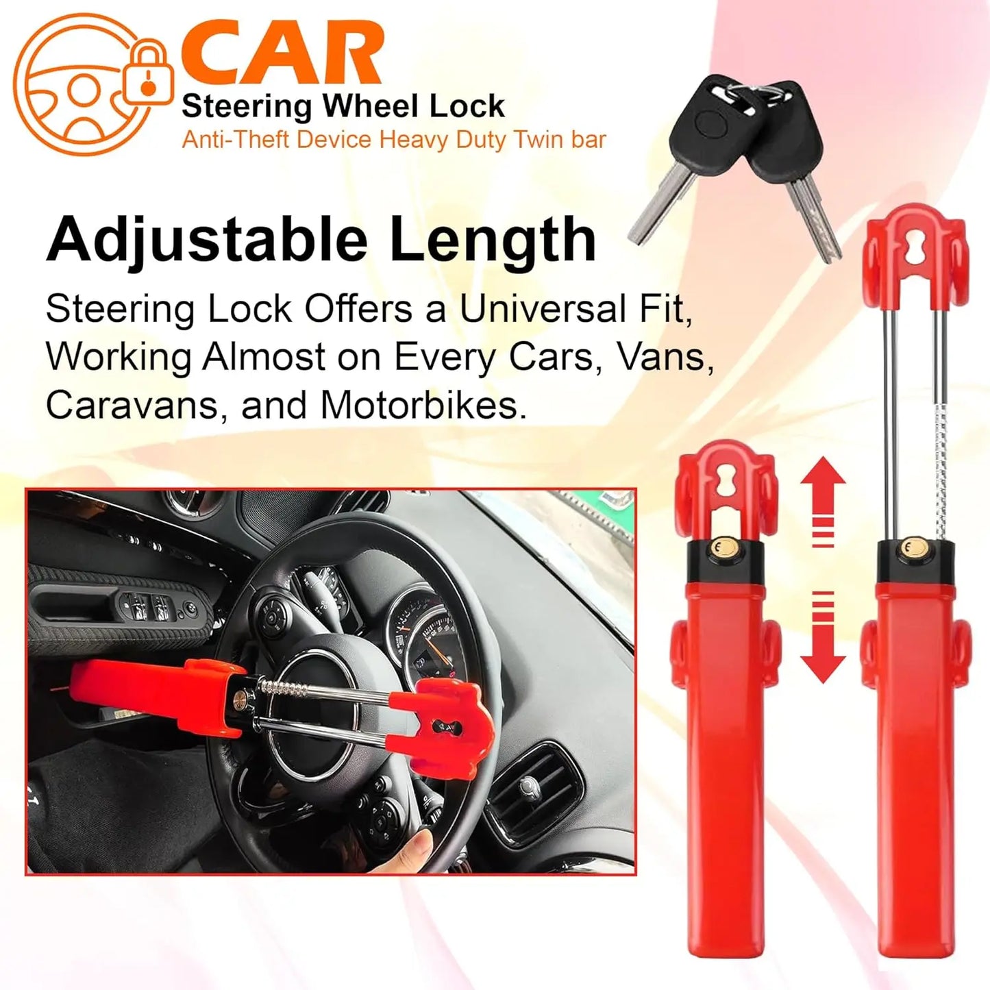 Car Steering Wheel Lock Universal Anti-Theft Security Device Adjustable Length Van SUV Vehicle Protection with 2 Keys Red
