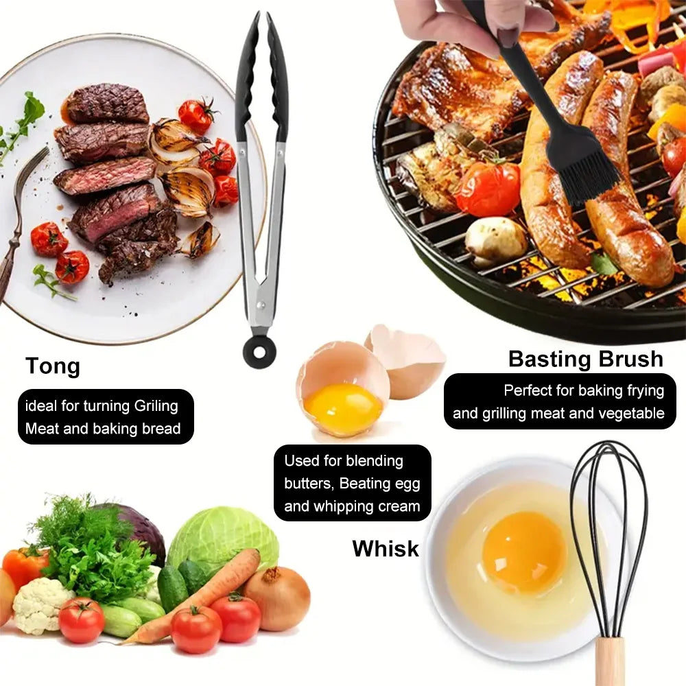 44PCS Silicone Kitchenware Multi-purpose Cookware Utensils Spatula Soup Spoon Shovel Egg Beaters Wooden Handle Cooking Tool Set