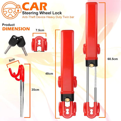 Car Steering Wheel Lock Universal Anti-Theft Security Device Adjustable Length Van SUV Vehicle Protection with 2 Keys Red