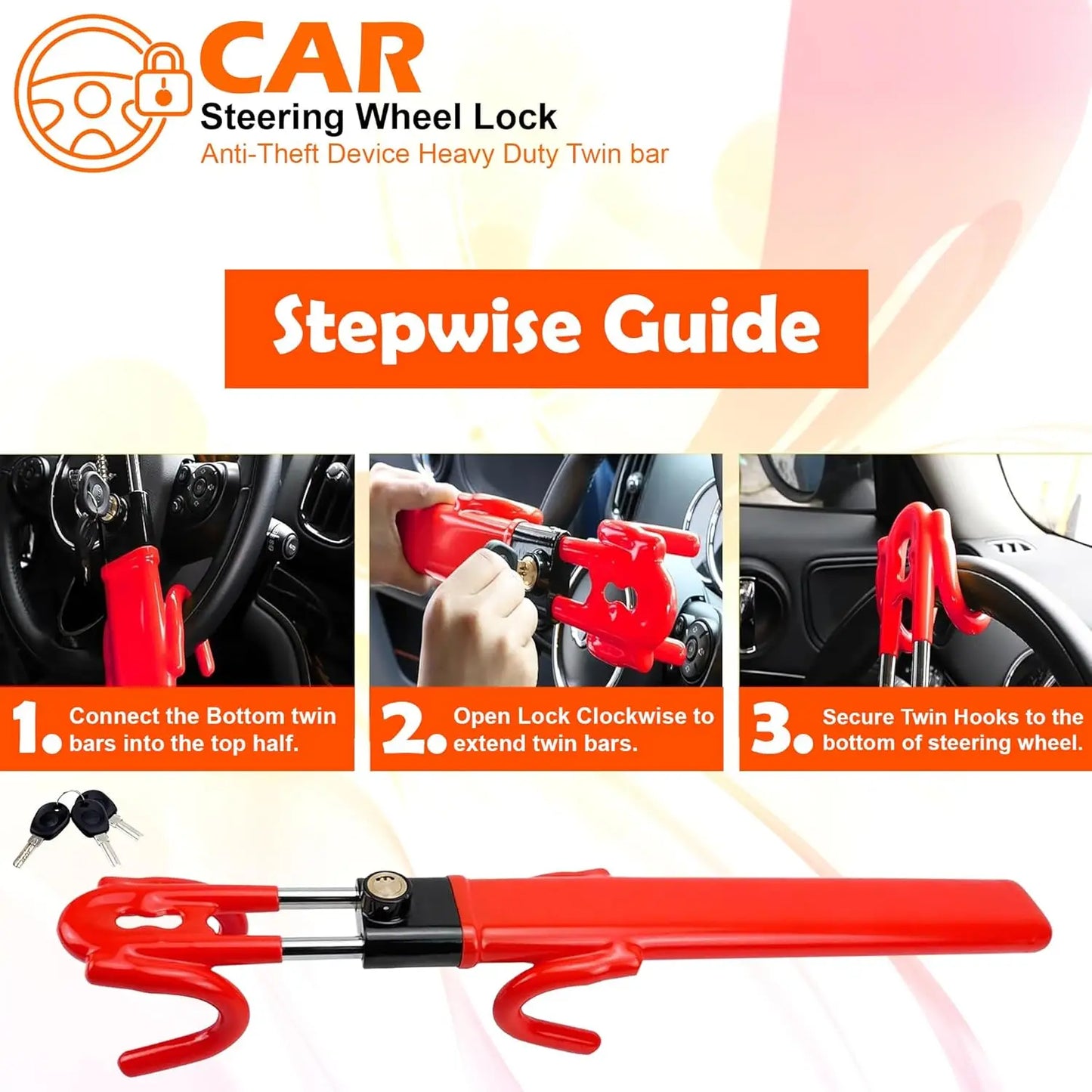 Car Steering Wheel Lock Universal Anti-Theft Security Device Adjustable Length Van SUV Vehicle Protection with 2 Keys Red