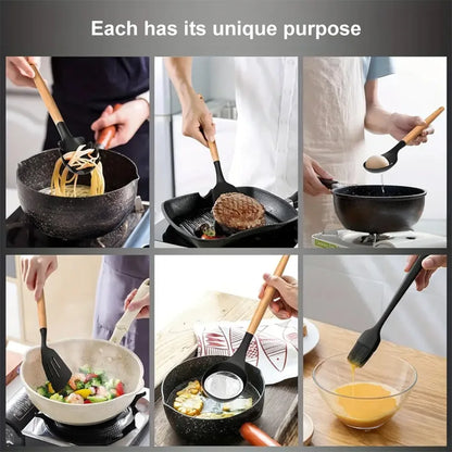 44PCS Silicone Kitchenware Multi-purpose Cookware Utensils Spatula Soup Spoon Shovel Egg Beaters Wooden Handle Cooking Tool Set