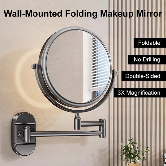 8 inch Wall Folding Mounted Makeup Mirror Double Side 3X No Drilling Adjustable  Vanity Mirror for Bathroom & Bedroom