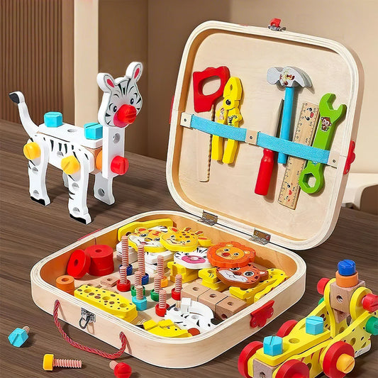 Wooden Kids Tool Set Montessori Educational Toys Animal Building Blocks Assembly Learning Gift for Boys and Girls 3-6 Age