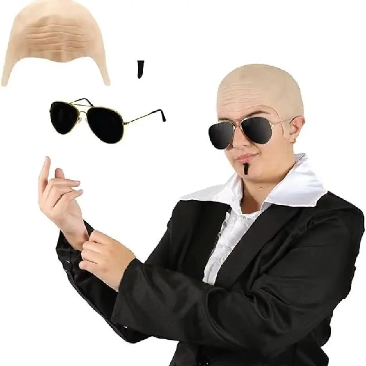 Mr Worldwide Adult Accessory Set | Bald Cap + Sunglasses + Black Soul Patch | Famous Costume | Pitbull Inspired Outfit