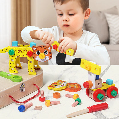 Wooden Kids Tool Set Montessori Educational Toys Animal Building Blocks Assembly Learning Gift for Boys and Girls 3-6 Age