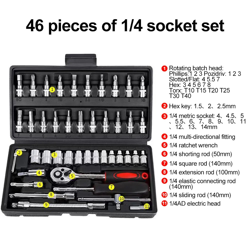 46-Piece Socket Wrench Set for Home Hardware Maintenance Auto Motorcycle Bicycle Repair with Black Case Garage Tool Kit