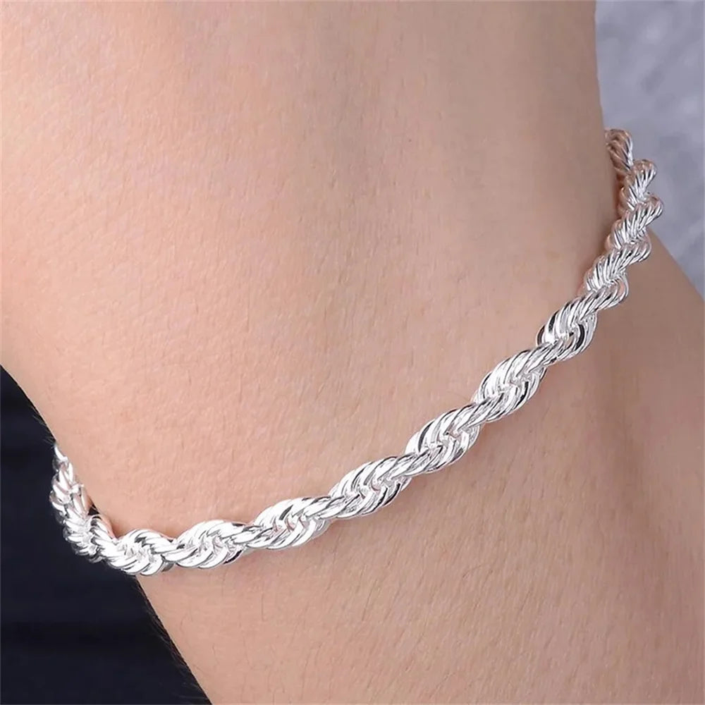 925 Sterling Silver Twisted Rope Bracelet 3mm Thick Chain Link UK
