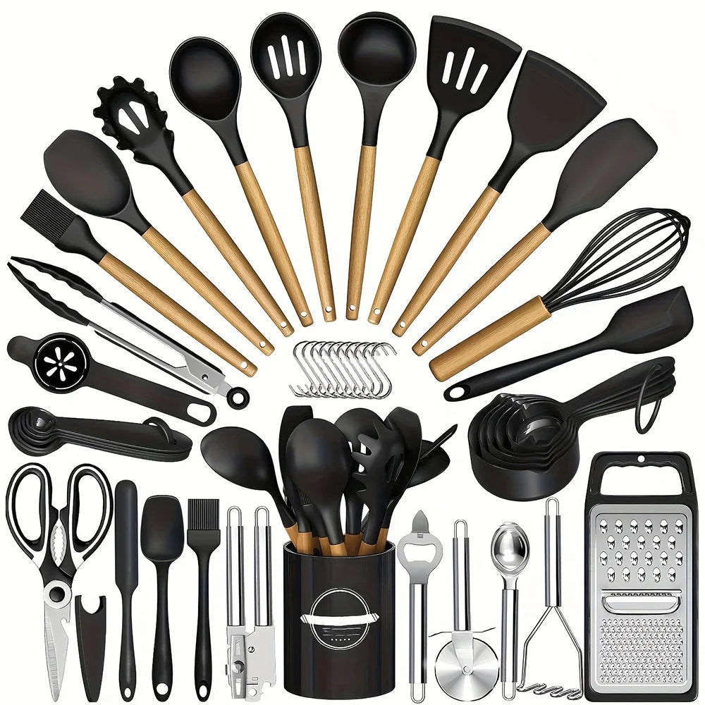 44PCS Silicone Kitchenware Multi-purpose Cookware Utensils Spatula Soup Spoon Shovel Egg Beaters Wooden Handle Cooking Tool Set