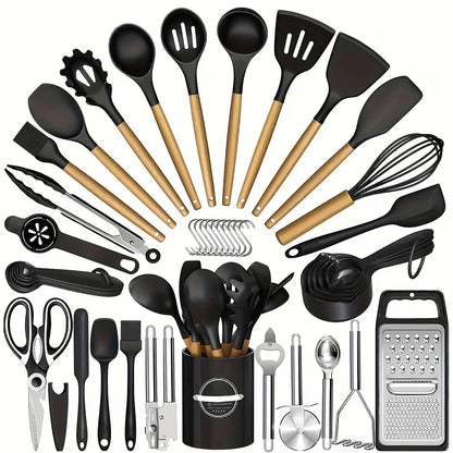 44PCS Silicone Kitchenware Multi-purpose Cookware Utensils Spatula Soup Spoon Shovel Egg Beaters Wooden Handle Cooking Tool Set