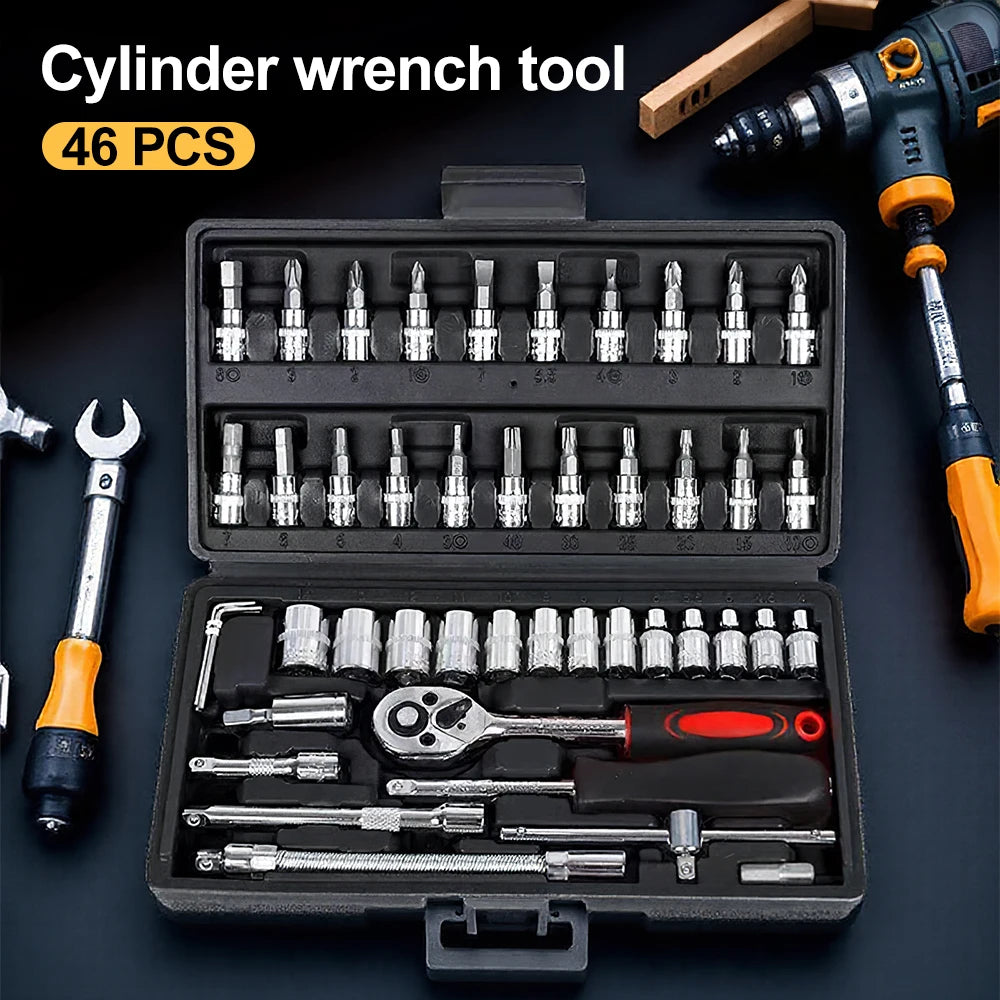 46-Piece Socket Wrench Set for Home Hardware Maintenance Auto Motorcycle Bicycle Repair with Black Case Garage Tool Kit