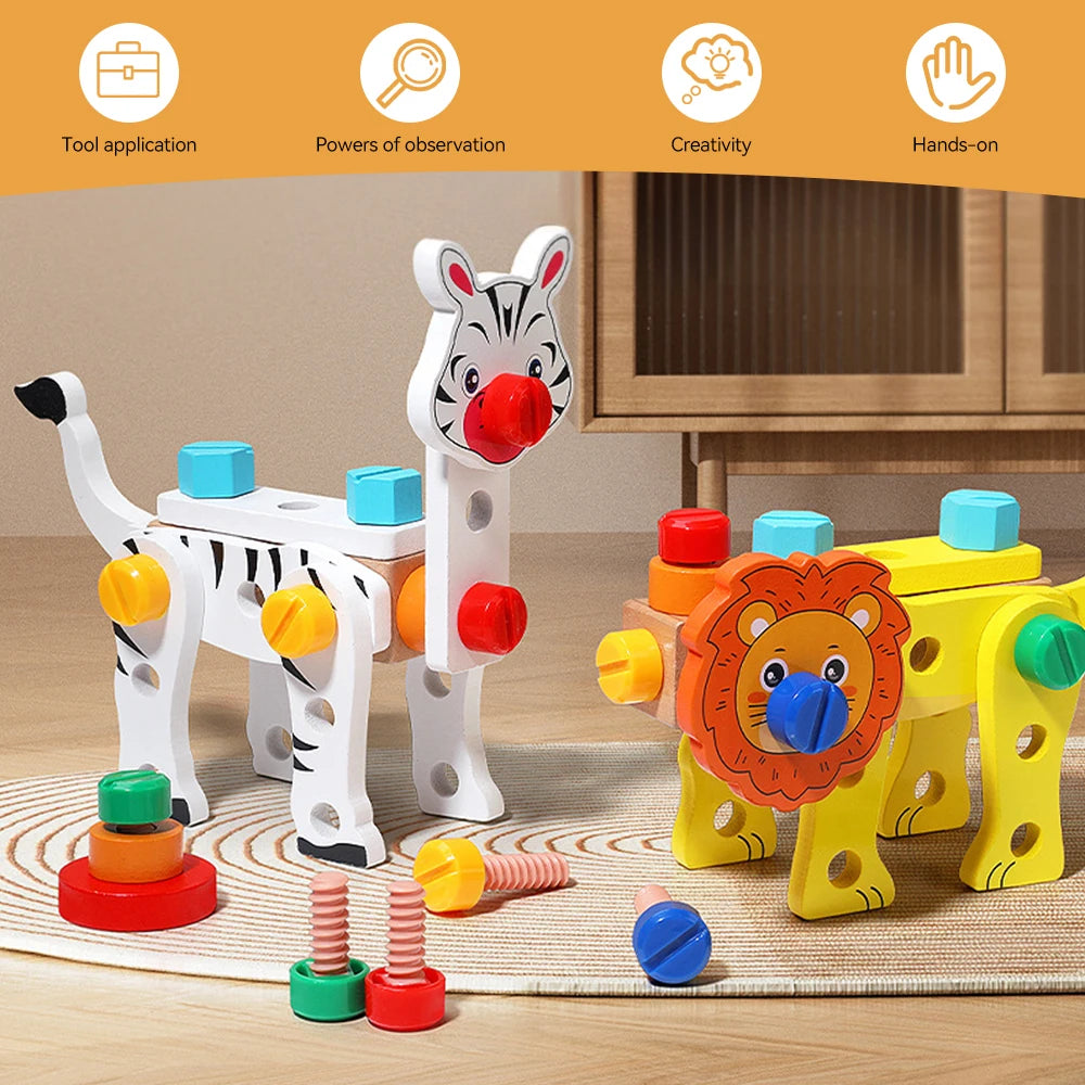 Wooden Kids Tool Set Montessori Educational Toys Animal Building Blocks Assembly Learning Gift for Boys and Girls 3-6 Age