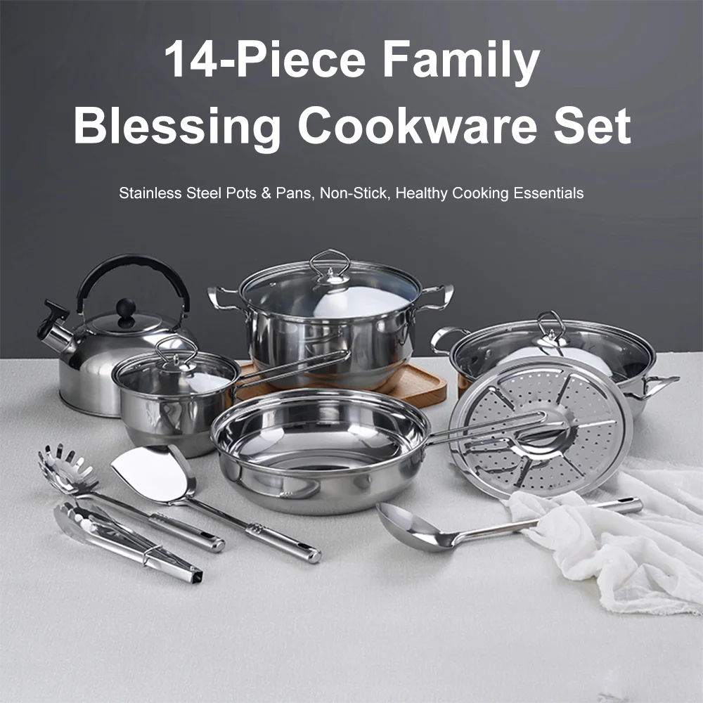 Stainless Steel Cookware 14-Piece Set Thickened Non-Stick Flat-Bottomed Frying Pan Milk Pot Soup Pot Combination Set