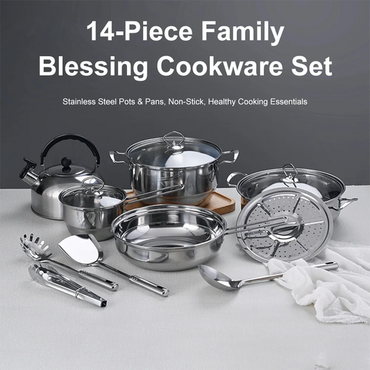 Stainless Steel Cookware 14-Piece Set Thickened Non-Stick Flat-Bottomed Frying Pan Milk Pot Soup Pot Combination Set
