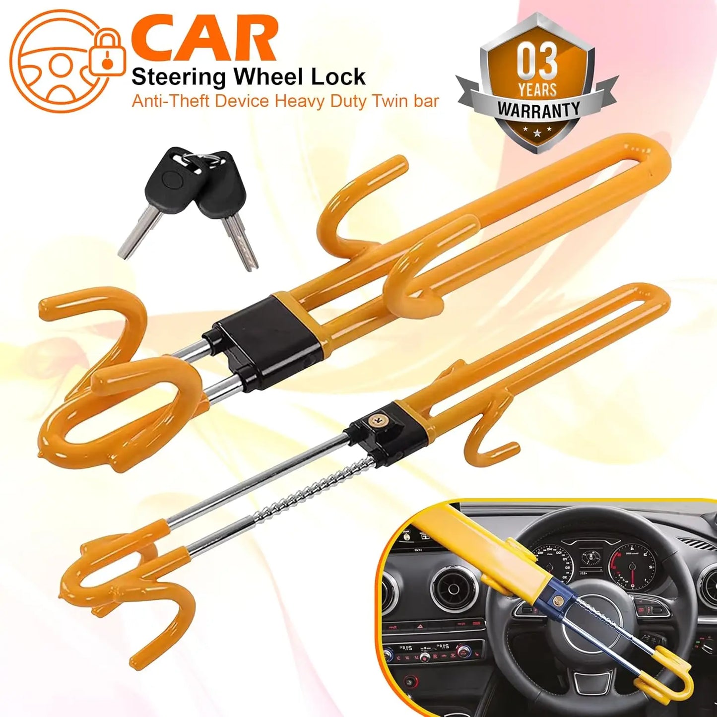 Steering Wheel Lock Anti-Theft Heavy Duty Secure Car Device, Adjustable Length Clamp Double Hook Locks Universal Fit (Yellow)