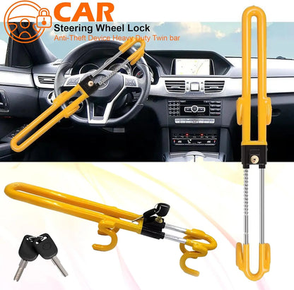 Steering Wheel Lock Anti-Theft Heavy Duty Secure Car Device, Adjustable Length Clamp Double Hook Locks Universal Fit (Yellow)