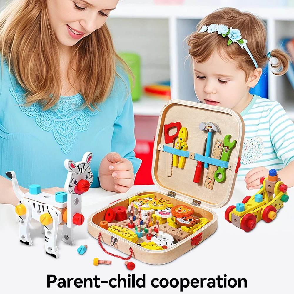 Wooden Kids Tool Set Montessori Educational Toys Animal Building Blocks Assembly Learning Gift for Boys and Girls 3-6 Age