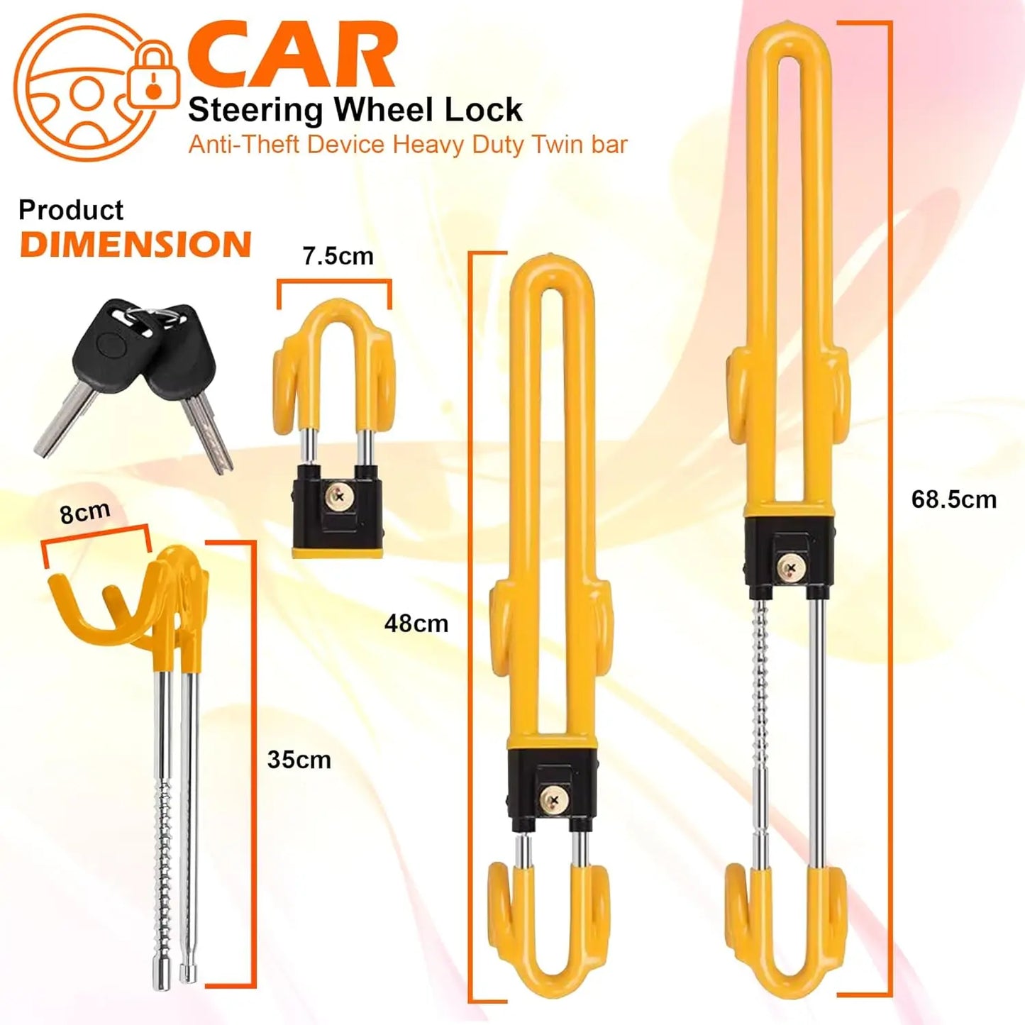 Steering Wheel Lock Anti-Theft Heavy Duty Secure Car Device, Adjustable Length Clamp Double Hook Locks Universal Fit (Yellow)