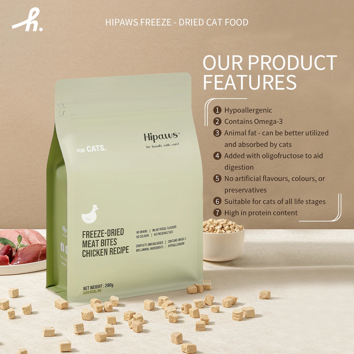 Hipaws Complete Natural Chicken Recipe Freeze-Dried Cat Food Treats Toppers 280g, Hypoallergenic No Grain Fresh Chicken; Freeze