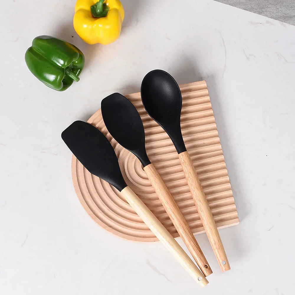 44PCS Silicone Kitchenware Multi-purpose Cookware Utensils Spatula Soup Spoon Shovel Egg Beaters Wooden Handle Cooking Tool Set