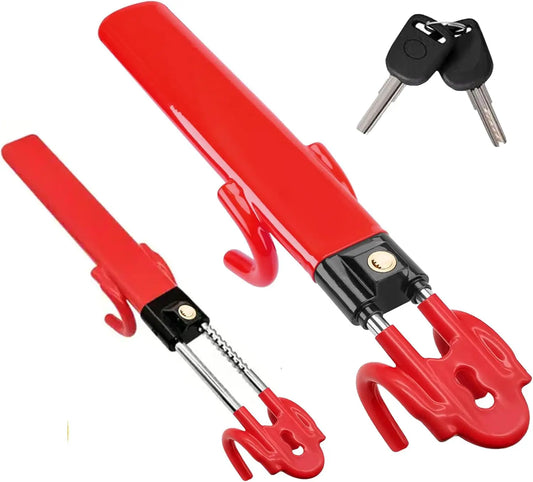 Car Steering Wheel Lock Universal Anti-Theft Security Device Adjustable Length Van SUV Vehicle Protection with 2 Keys Red