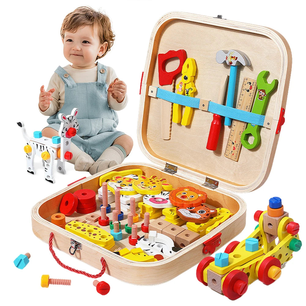Wooden Kids Tool Set Montessori Educational Toys Animal Building Blocks Assembly Learning Gift for Boys and Girls 3-6 Age