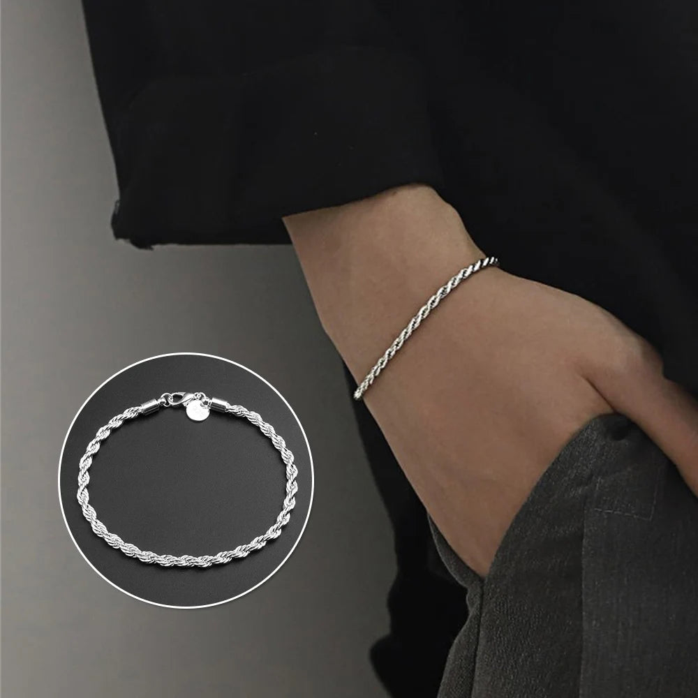 925 Sterling Silver Twisted Rope Bracelet 3mm Thick Chain Link UK