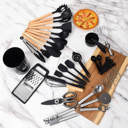 44PCS Silicone Kitchenware Multi-purpose Cookware Utensils Spatula Soup Spoon Shovel Egg Beaters Wooden Handle Cooking Tool Set