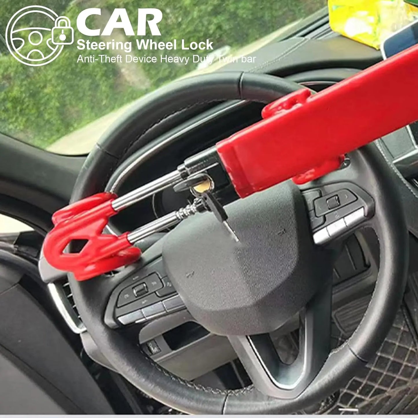 Car Steering Wheel Lock Universal Anti-Theft Security Device Adjustable Length Van SUV Vehicle Protection with 2 Keys Red