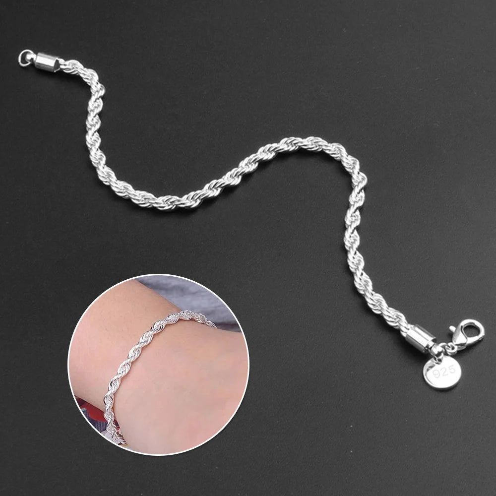 925 Sterling Silver Twisted Rope Bracelet 3mm Thick Chain Link UK
