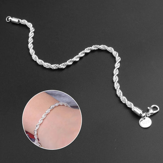 925 Sterling Silver Twisted Rope Bracelet 3mm Thick Chain Link UK