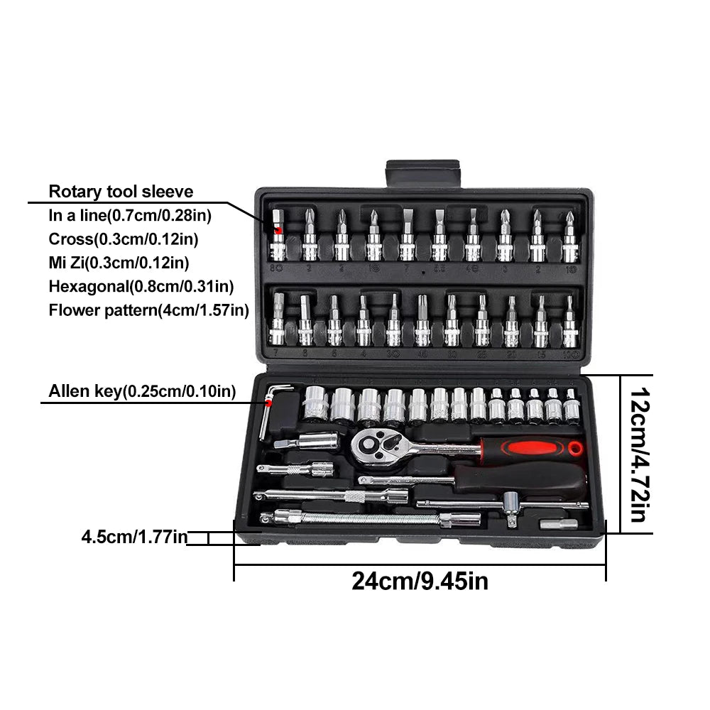 46-Piece Socket Wrench Set for Home Hardware Maintenance Auto Motorcycle Bicycle Repair with Black Case Garage Tool Kit