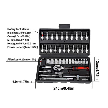 46-Piece Socket Wrench Set for Home Hardware Maintenance Auto Motorcycle Bicycle Repair with Black Case Garage Tool Kit