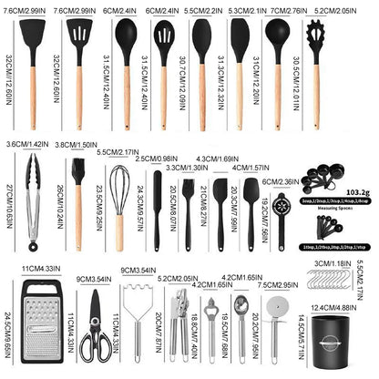 44PCS Silicone Kitchenware Multi-purpose Cookware Utensils Spatula Soup Spoon Shovel Egg Beaters Wooden Handle Cooking Tool Set
