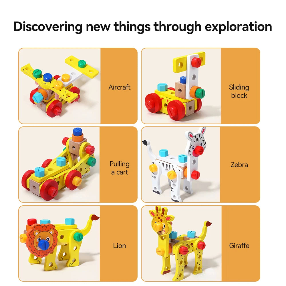 Wooden Kids Tool Set Montessori Educational Toys Animal Building Blocks Assembly Learning Gift for Boys and Girls 3-6 Age