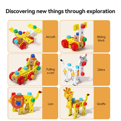 Wooden Kids Tool Set Montessori Educational Toys Animal Building Blocks Assembly Learning Gift for Boys and Girls 3-6 Age