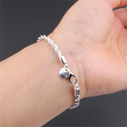 925 Sterling Silver Twisted Rope Bracelet 3mm Thick Chain Link UK