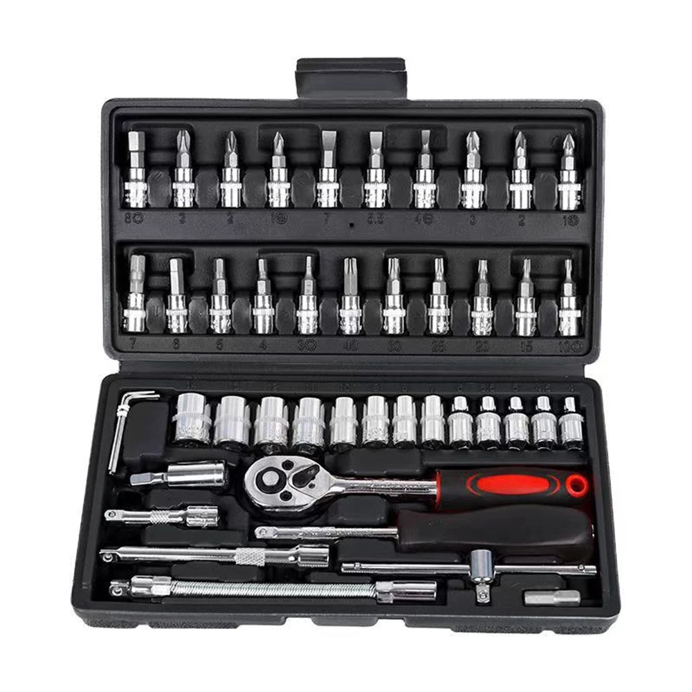46-Piece Socket Wrench Set for Home Hardware Maintenance Auto Motorcycle Bicycle Repair with Black Case Garage Tool Kit