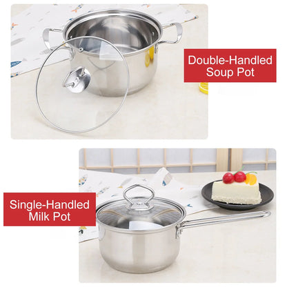 Stainless Steel Cookware 14-Piece Set Thickened Non-Stick Flat-Bottomed Frying Pan Milk Pot Soup Pot Combination Set