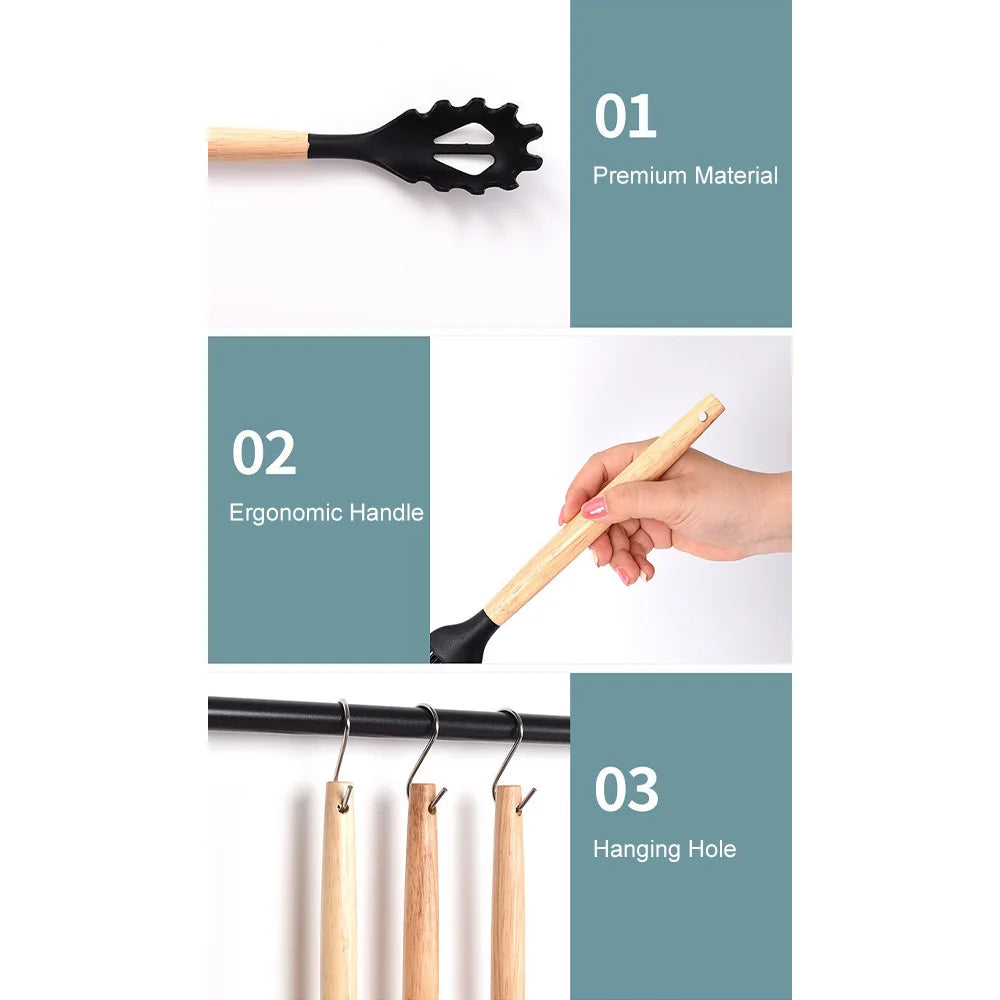 44PCS Silicone Kitchenware Multi-purpose Cookware Utensils Spatula Soup Spoon Shovel Egg Beaters Wooden Handle Cooking Tool Set