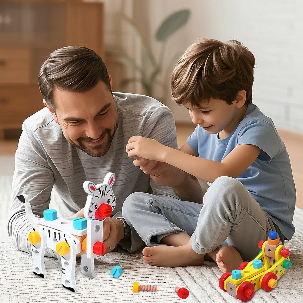 Wooden Kids Tool Set Montessori Educational Toys Animal Building Blocks Assembly Learning Gift for Boys and Girls 3-6 Age